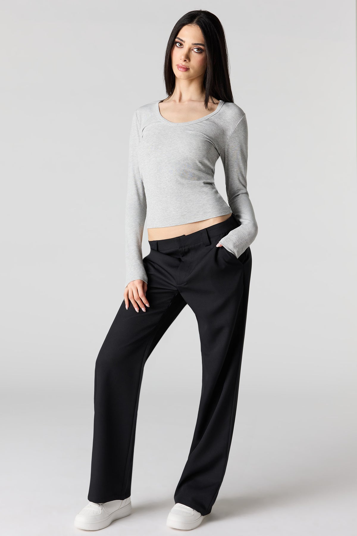 Alt View 3. Ribbed Scoop Neck Long Sleeve Top - Heather Grey