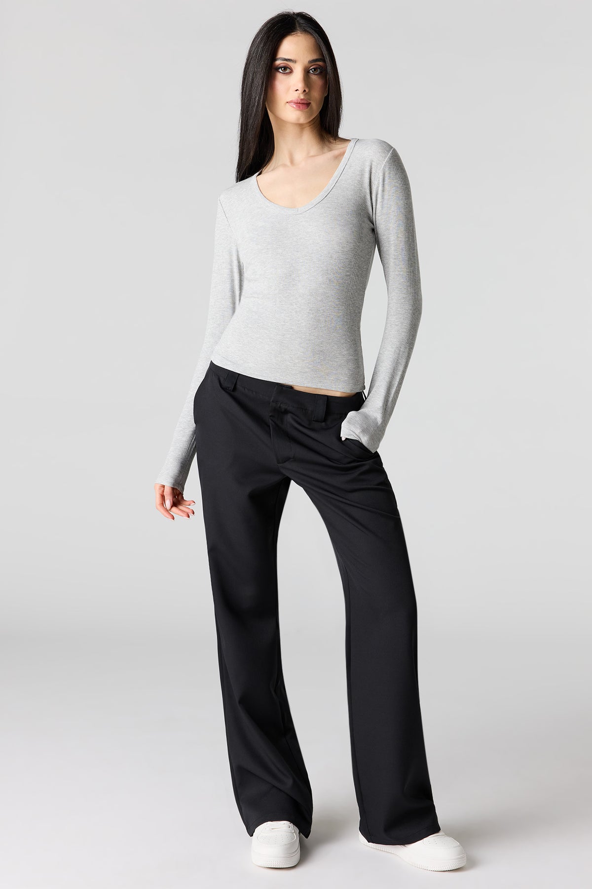 Alt View 4. Ribbed Scoop Neck Long Sleeve Top - Heather Grey