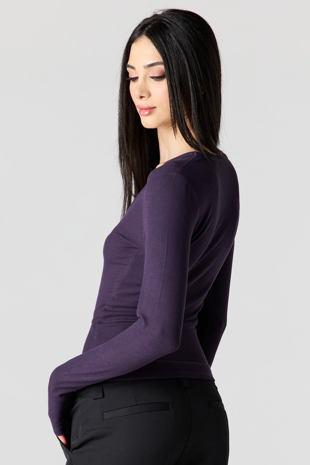 Alt View 2. Ribbed Scoop Neck Long Sleeve Top - Dark Purple
