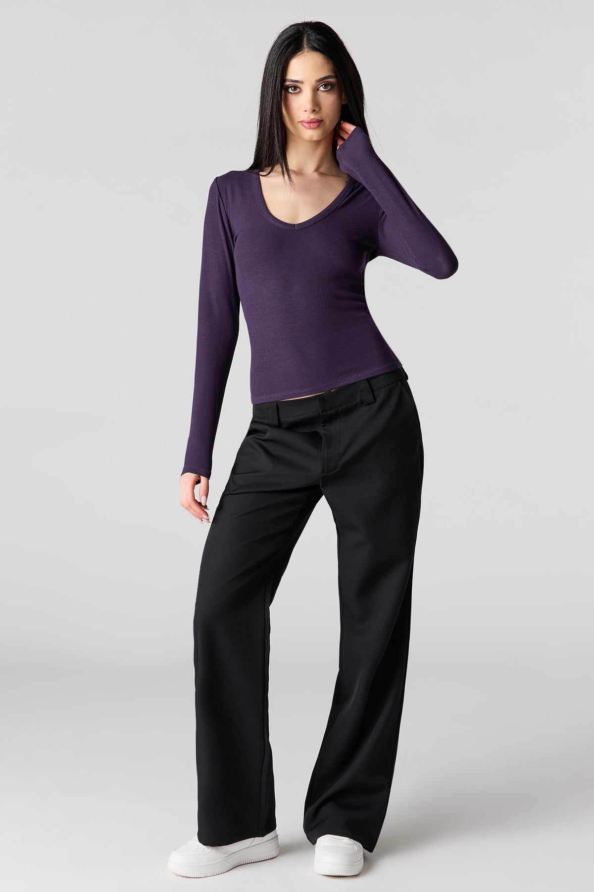Alt View 3. Ribbed Scoop Neck Long Sleeve Top - Dark Purple