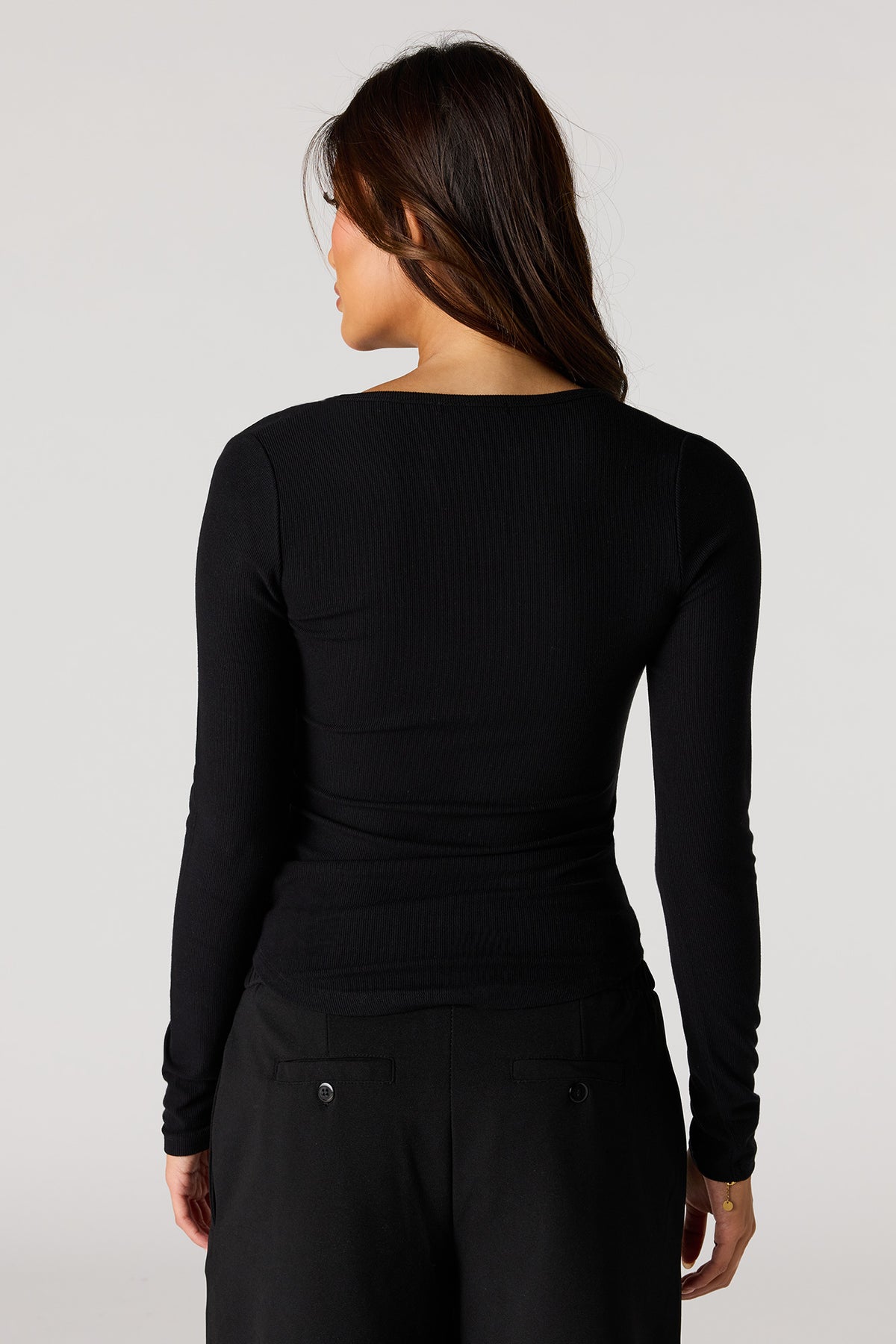 Alt View 2. Ribbed Henley Long Sleeve Top - Black