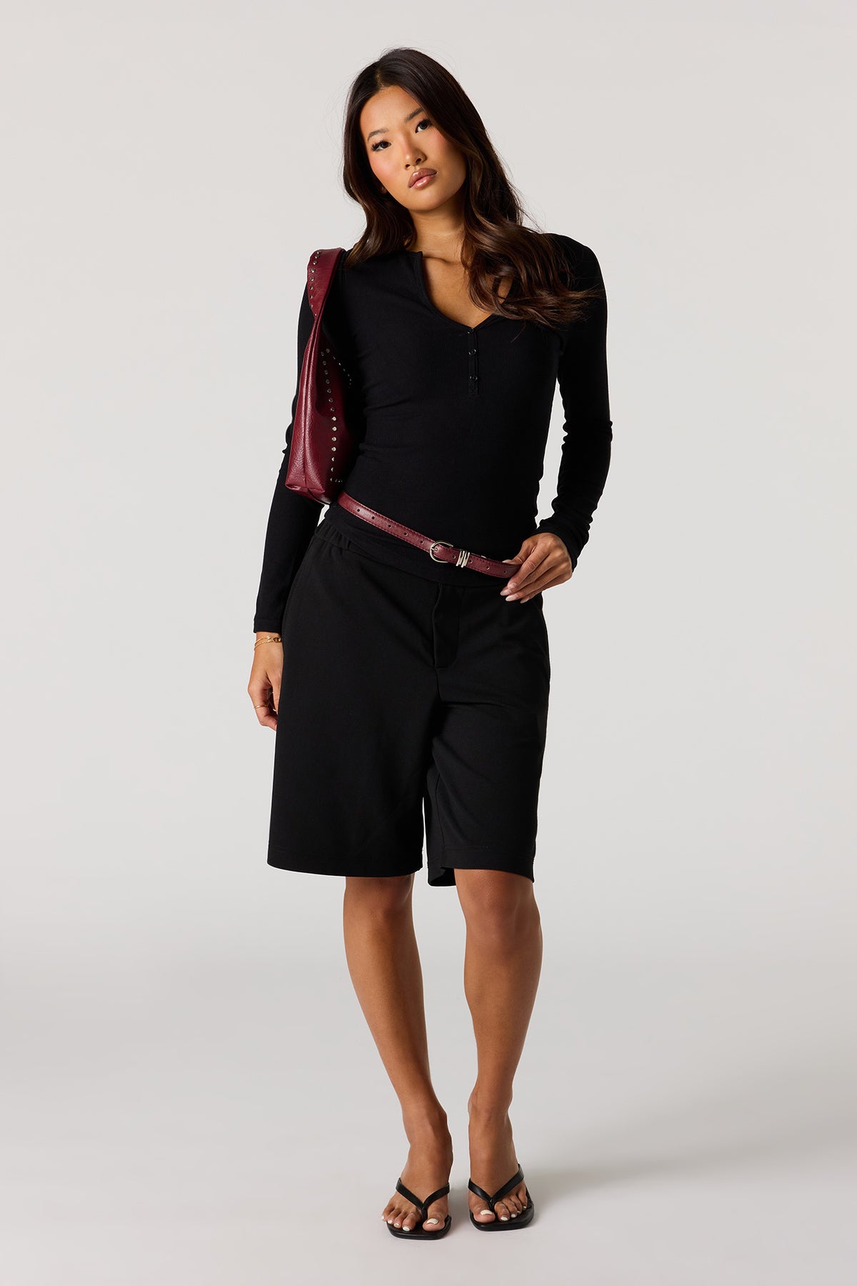Alt View 3. Ribbed Henley Long Sleeve Top - Black