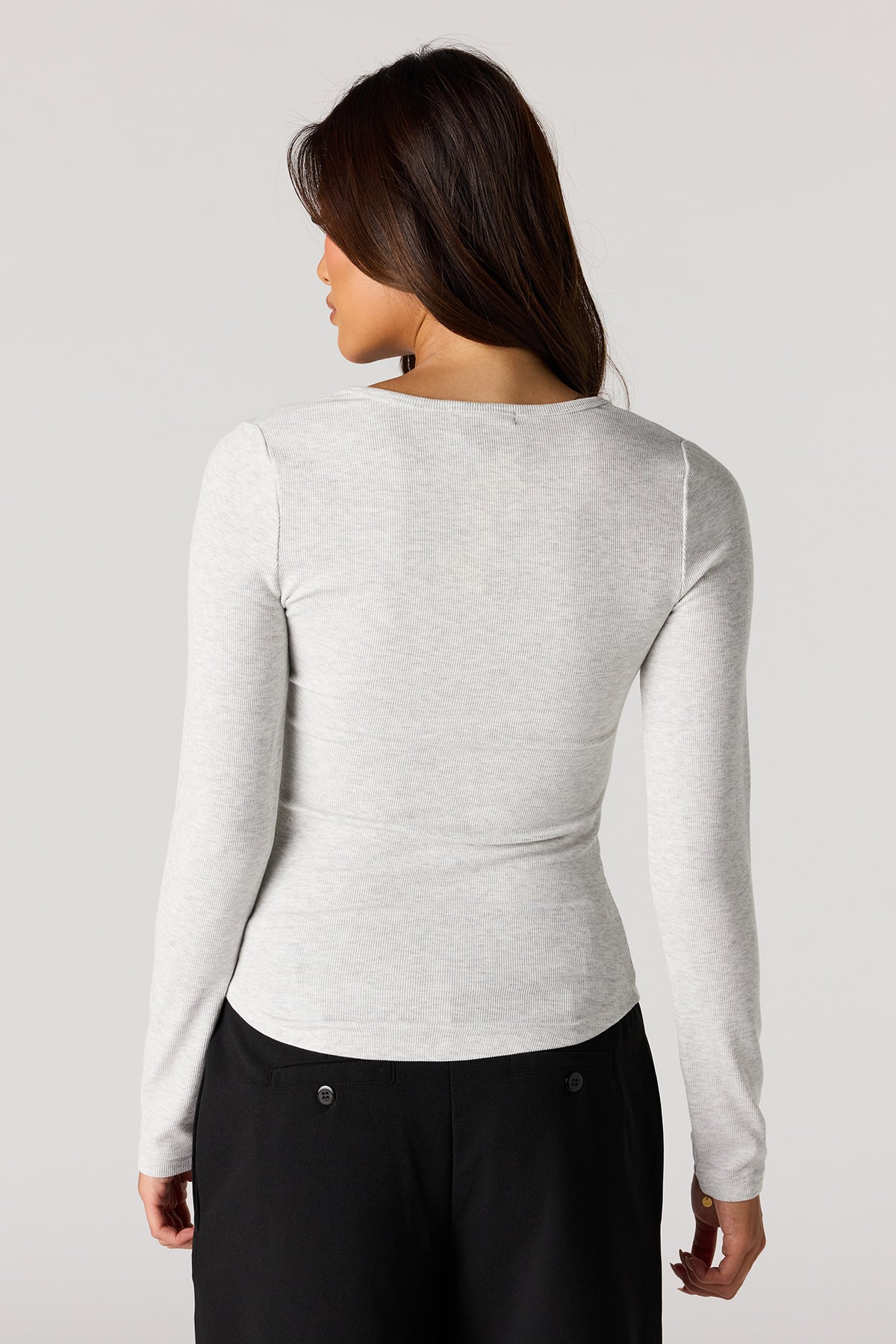 Alt View 2. Ribbed Henley Long Sleeve Top - Heather Grey