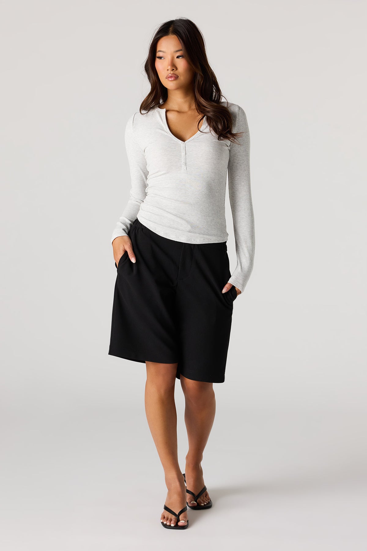 Alt View 3. Ribbed Henley Long Sleeve Top - Heather Grey