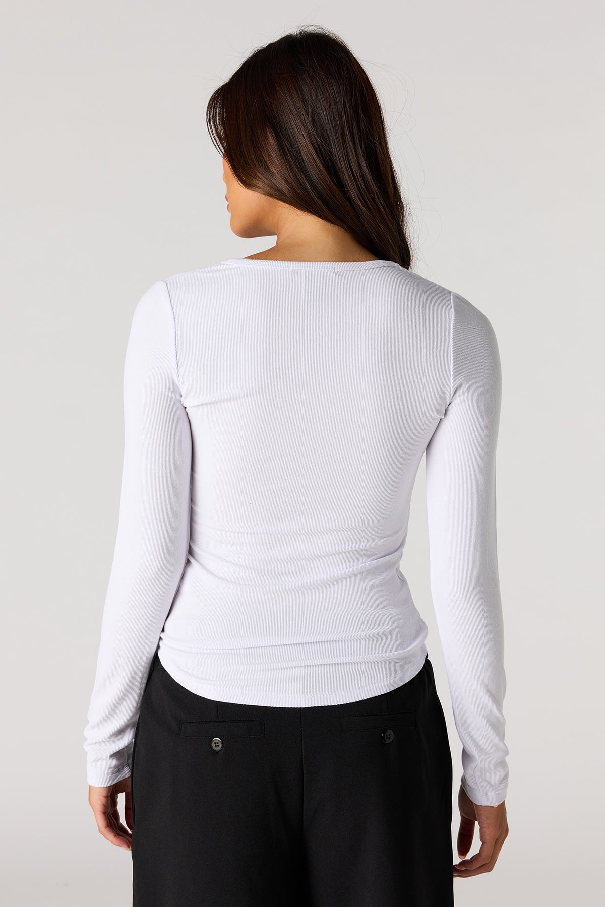 Alt View 2. Ribbed Henley Long Sleeve Top - White