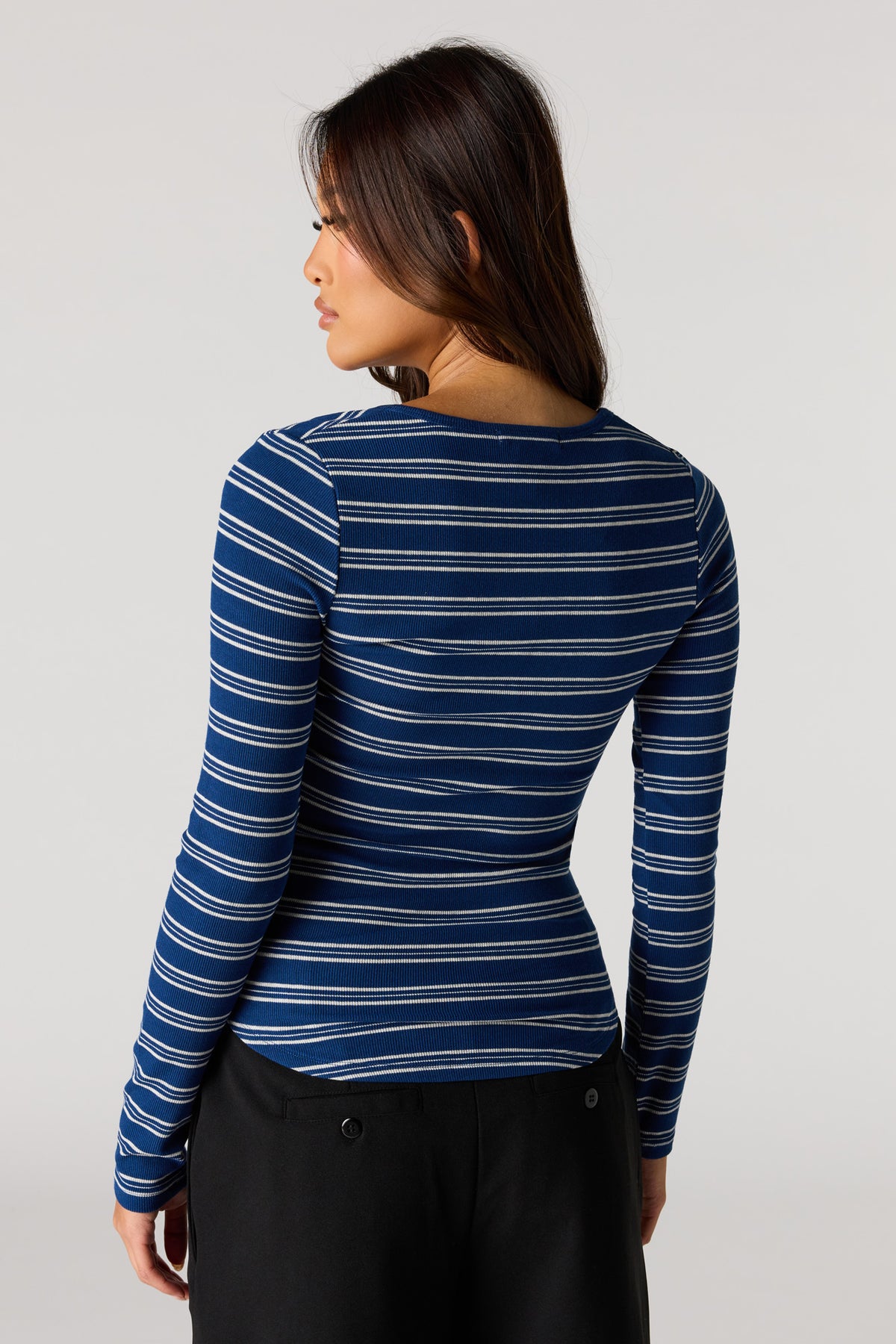 Alt View 2. Ribbed Henley Long Sleeve Top - Navy