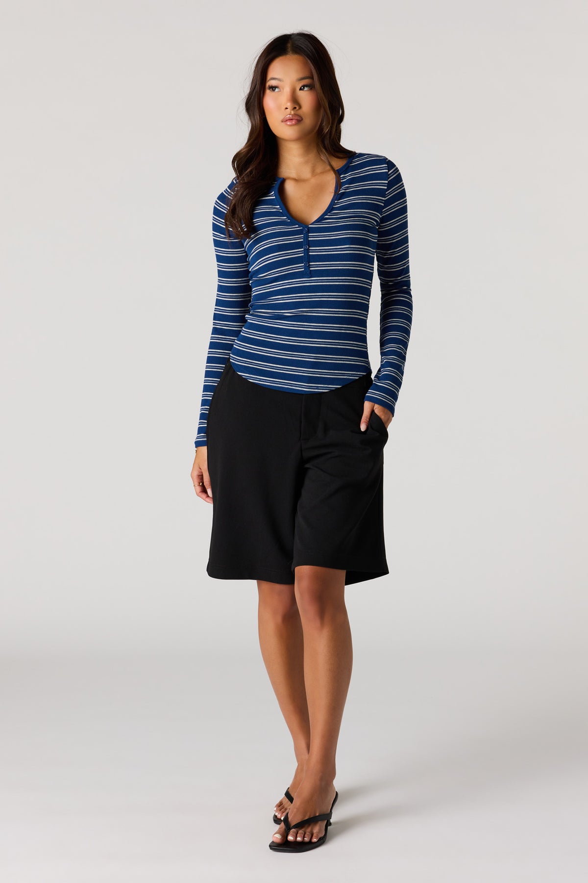 Alt View 3. Ribbed Henley Long Sleeve Top - Navy