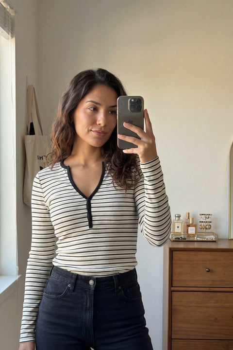 Ribbed Henley Long Sleeve Top - Black with White