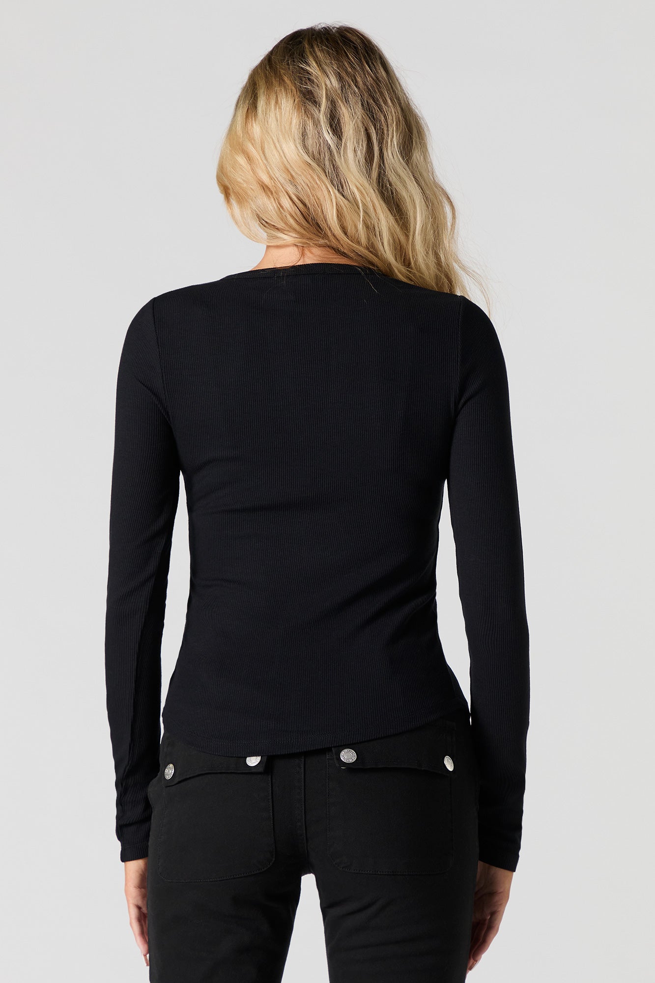 Ribbed Henley Long Sleeve Top