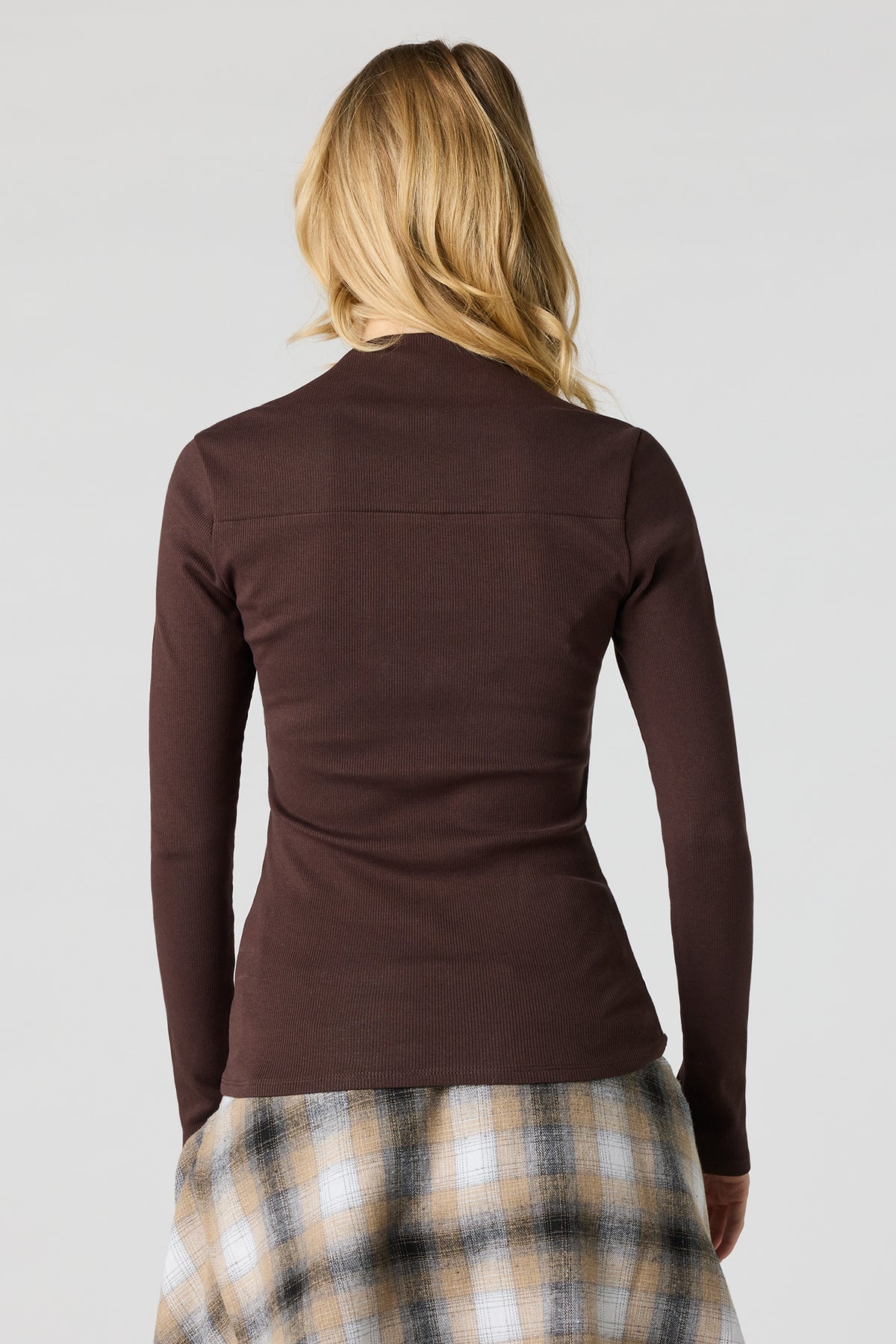 Alt View 2. Ribbed Square Neck Long Sleeve Top - Dark Brown