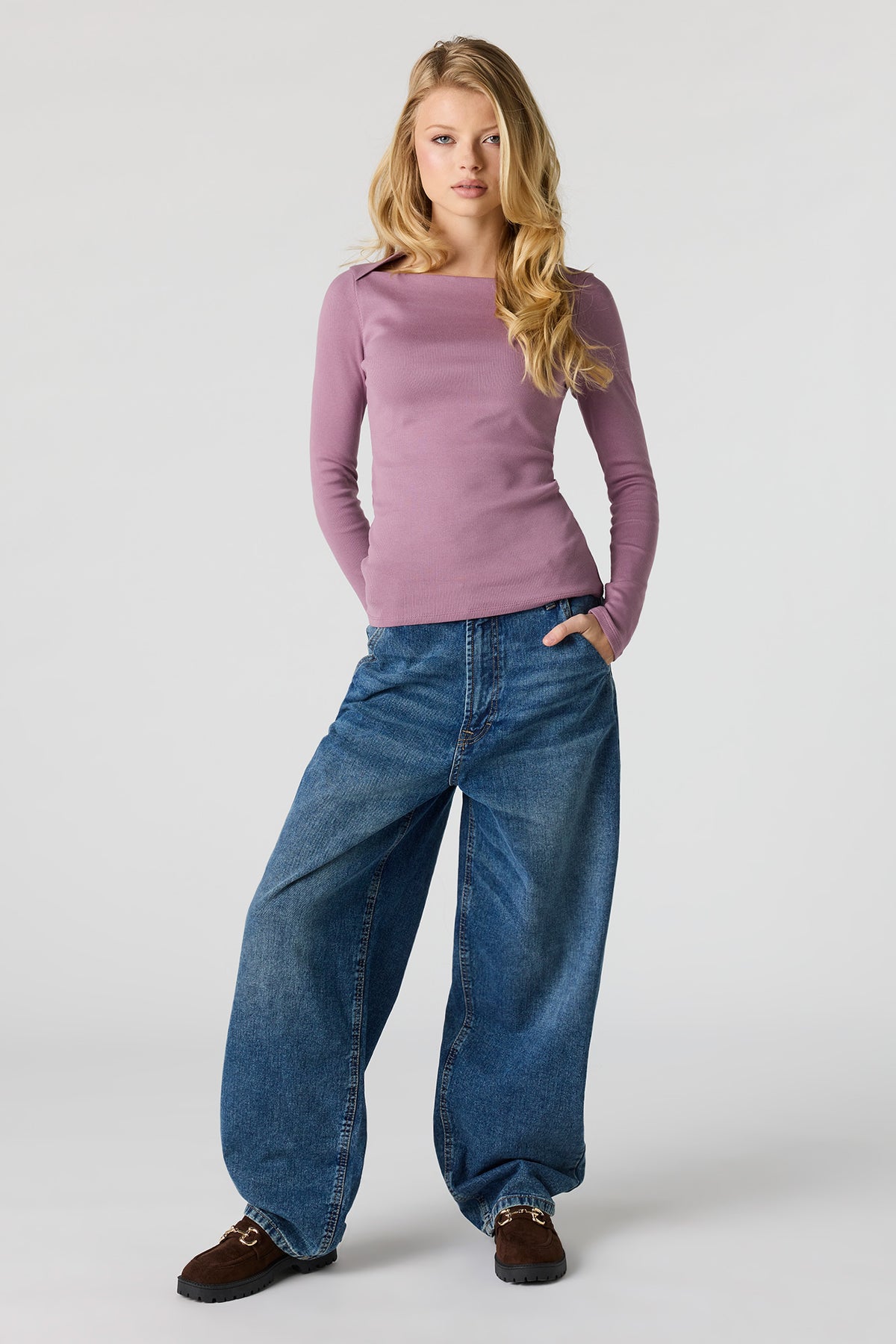 Alt View 3. Ribbed Square Neck Long Sleeve Top - Purple