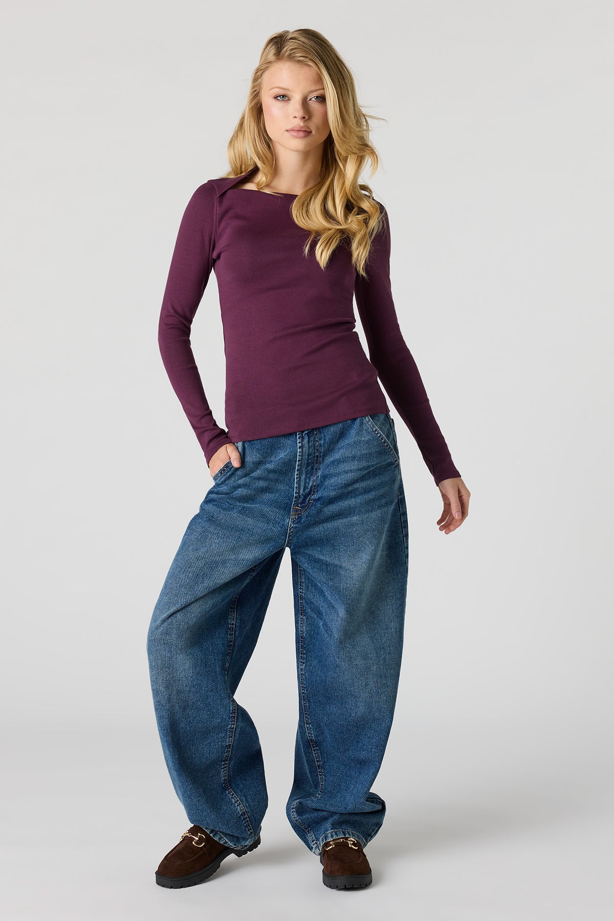Alt View 3. Ribbed Square Neck Long Sleeve Top - Dark Purple