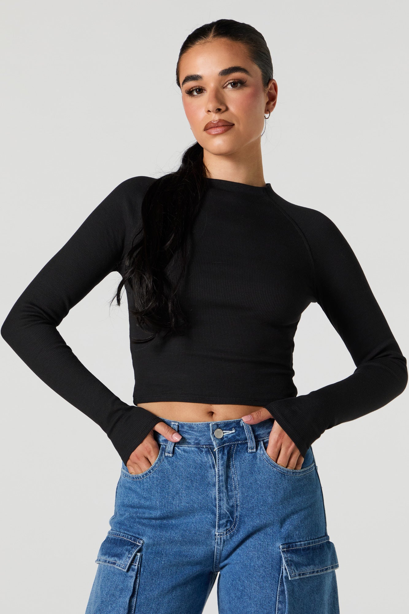 Ribbed Mock Neck Long Sleeve Top