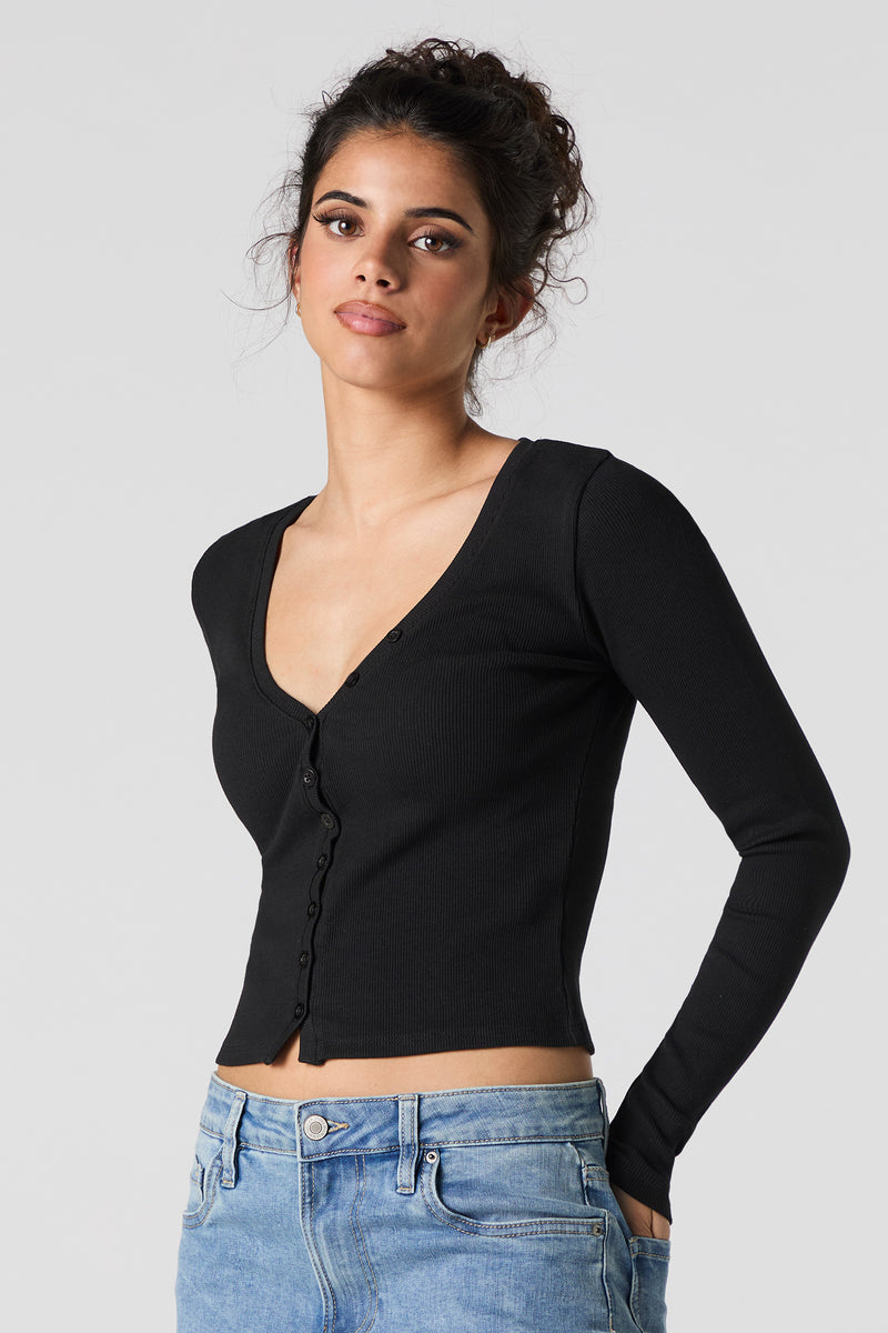 Haut côtelé boutonné à col en V et manche longue