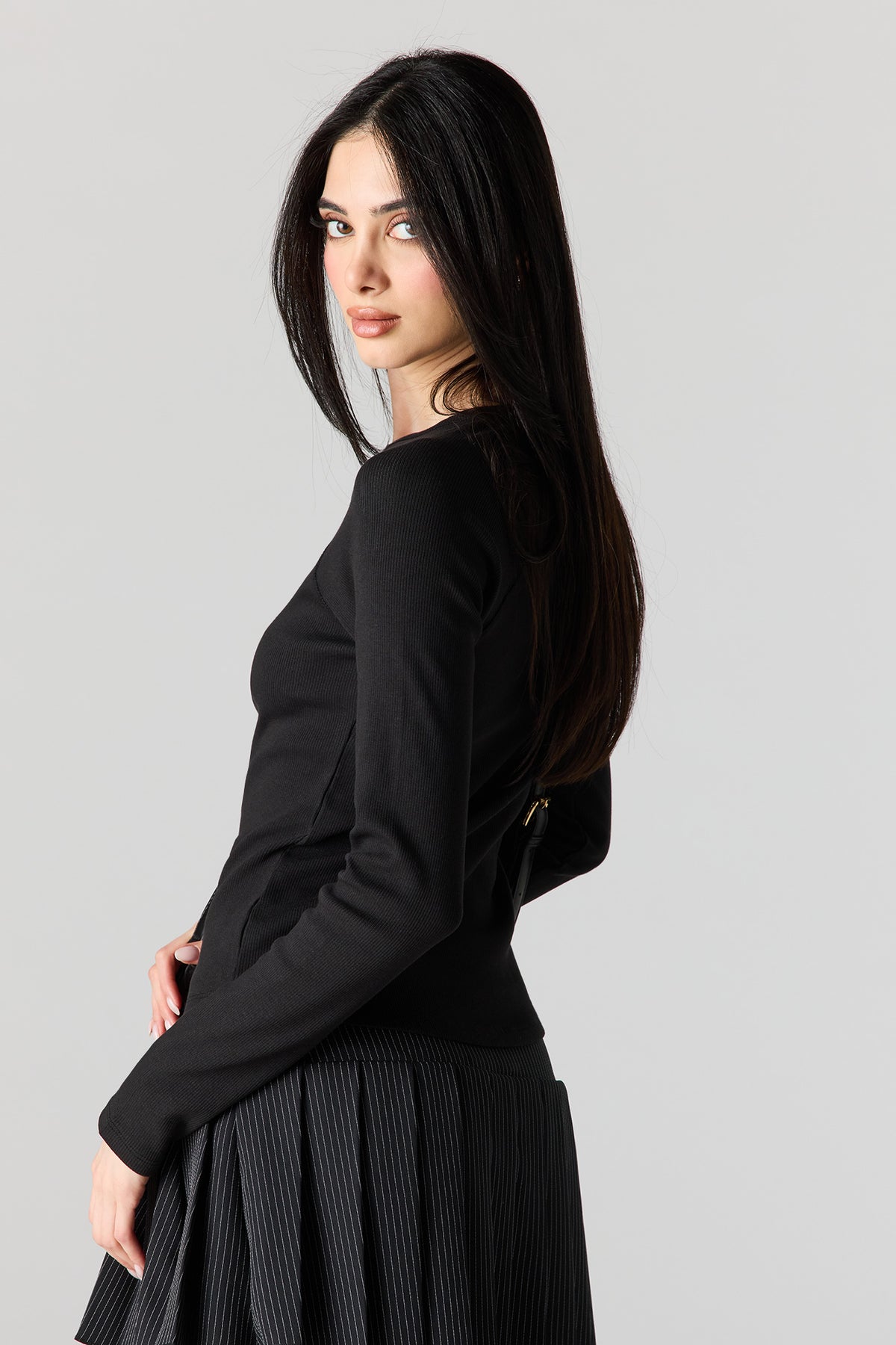 Alt View 2. Ribbed Long Sleeve Top - Black