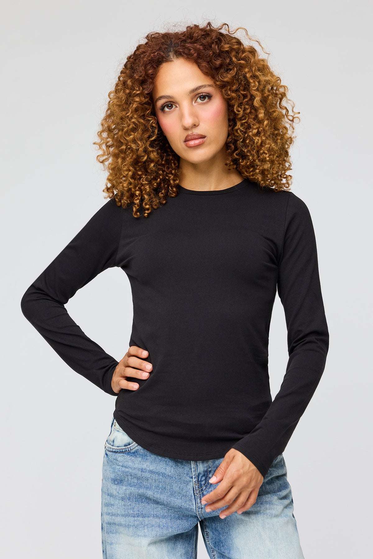Curved Hem Long Sleeve Top - Black