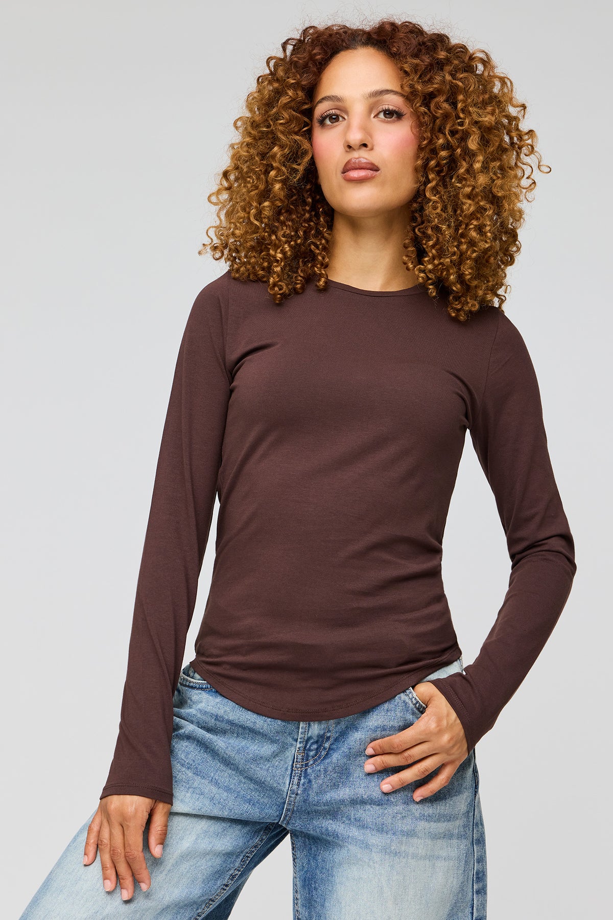 Curved Hem Long Sleeve Top - Dark Brown