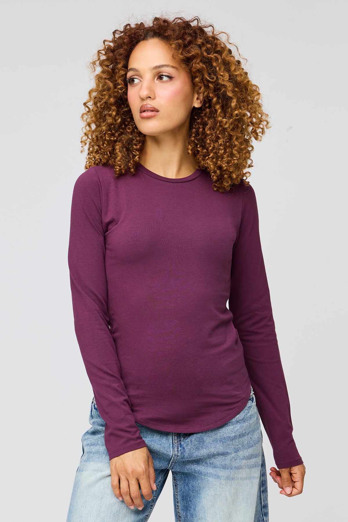 Curved Hem Long Sleeve Top - Plum