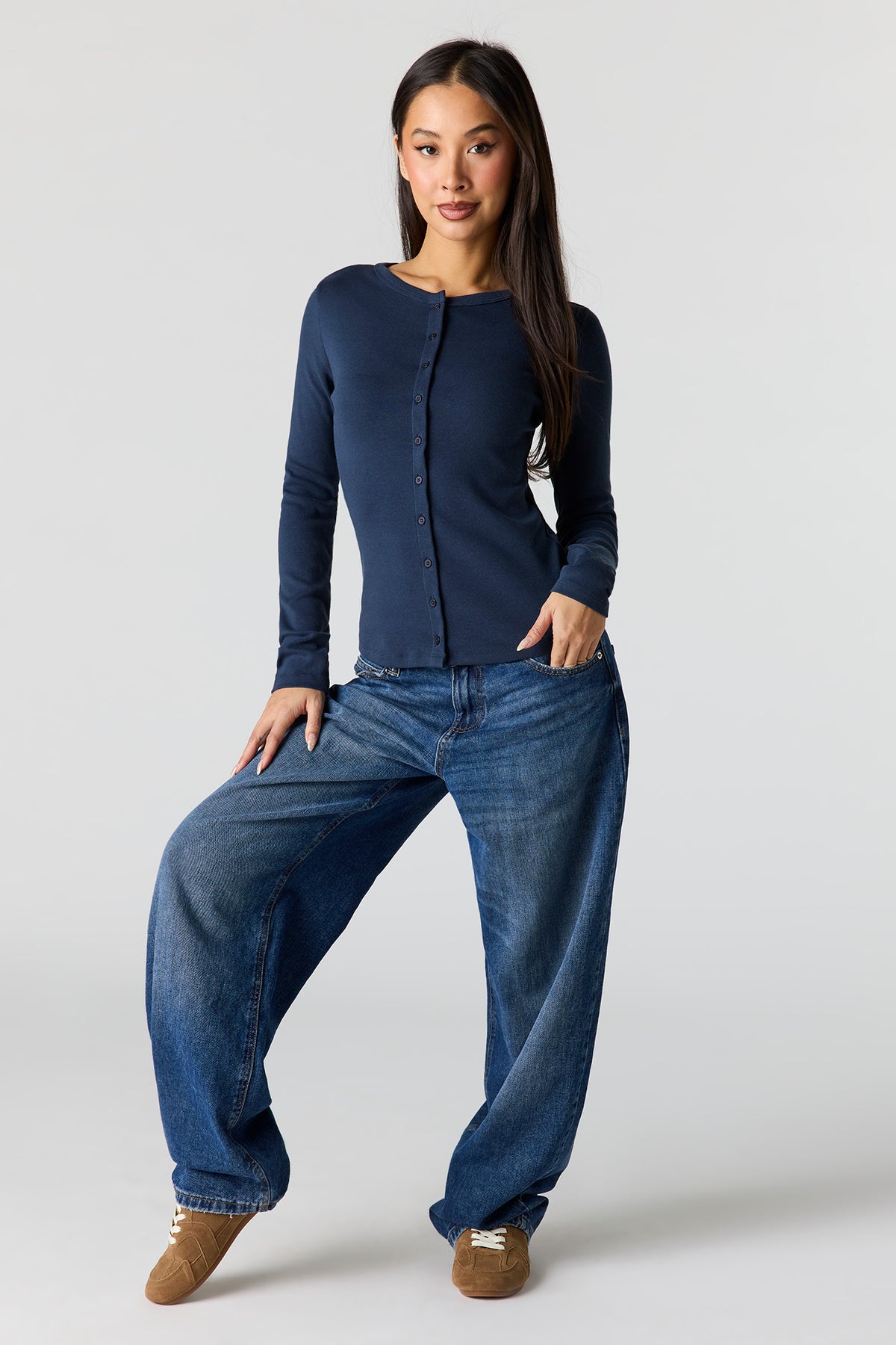 Alt View 3. Button-Up Long Sleeve Top - Dark Blue