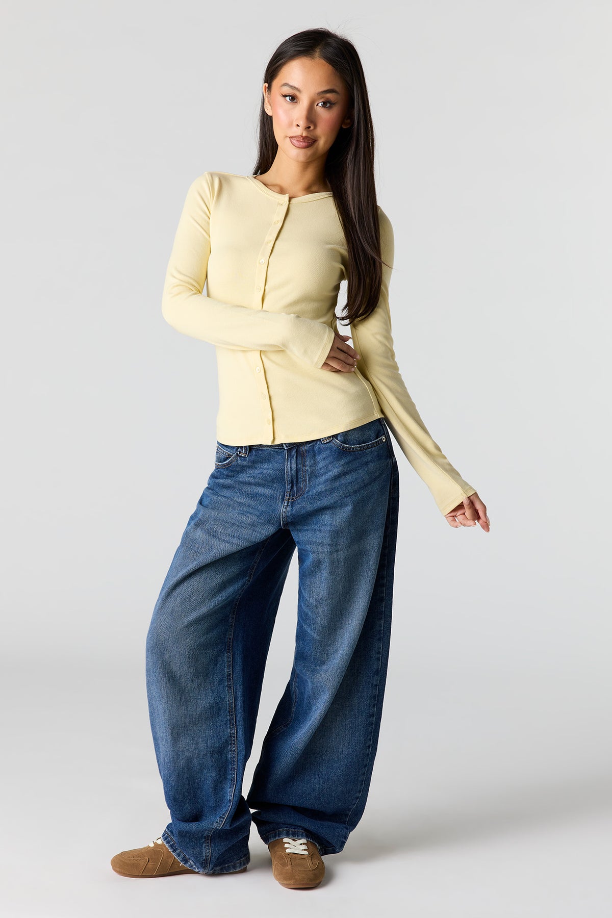 Alt View 3. Button-Up Long Sleeve Top - Yellow