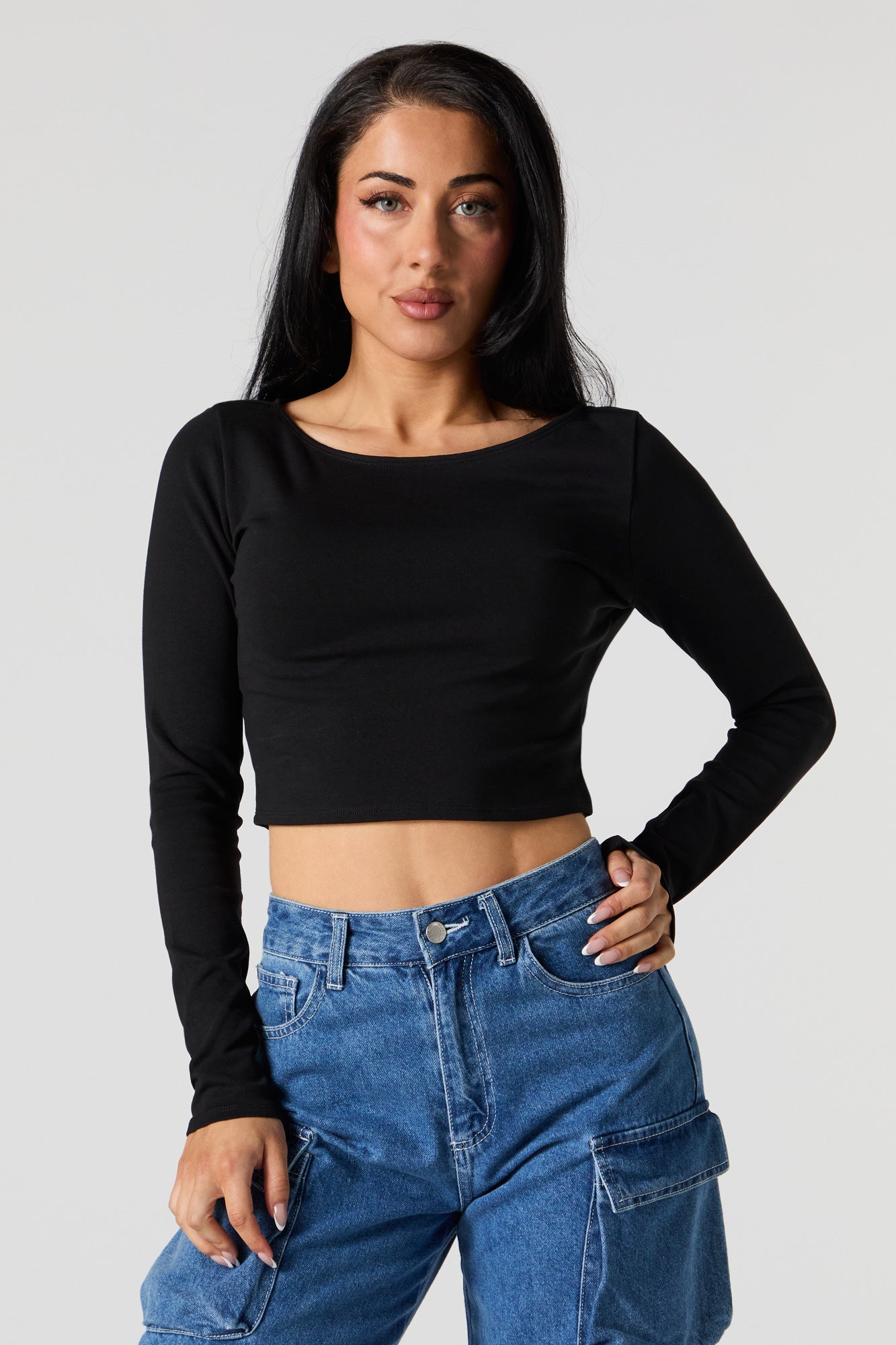 Solid Cropped Long Sleeve Top