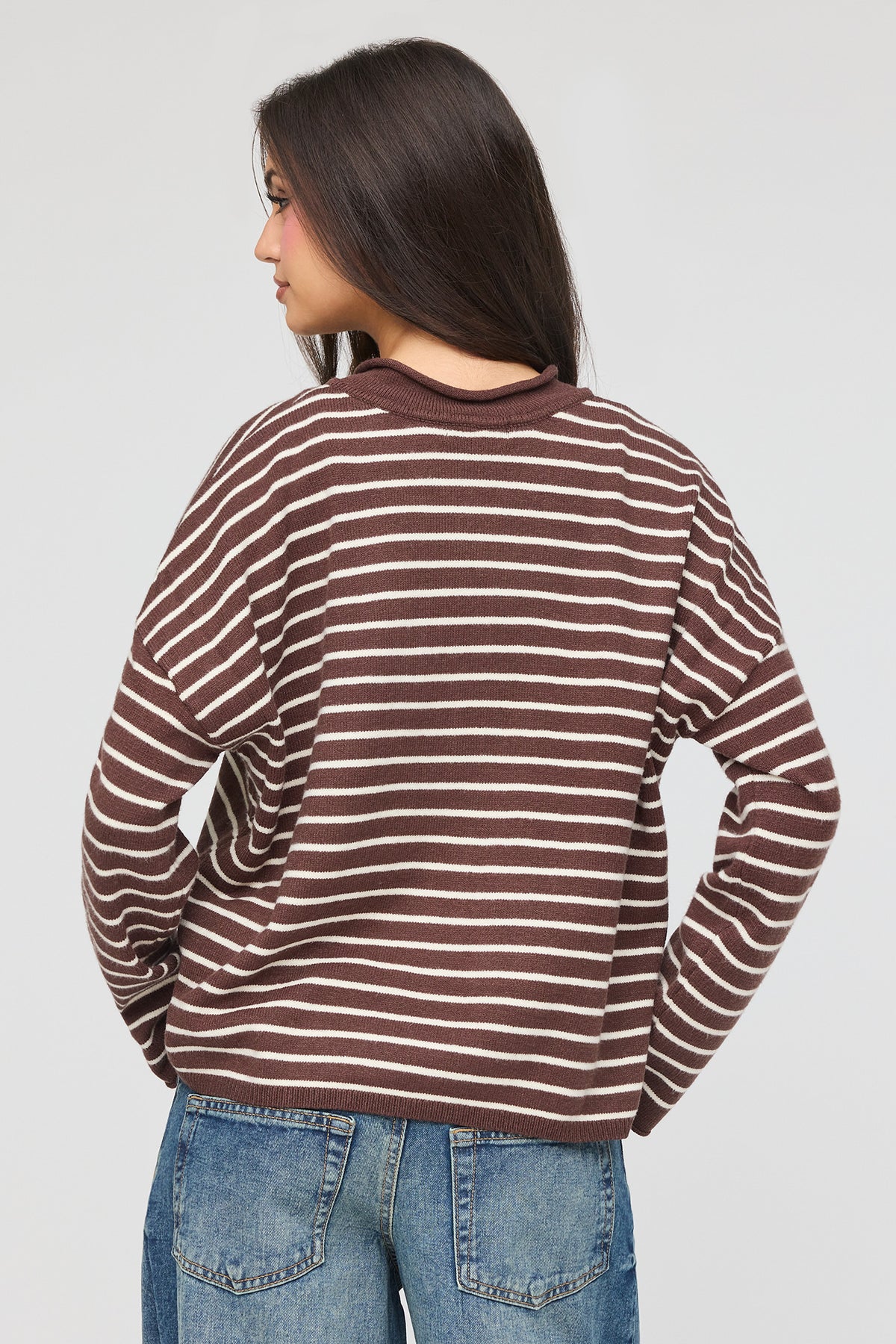 Alt View 2. Striped Henley Sweater - Brown
