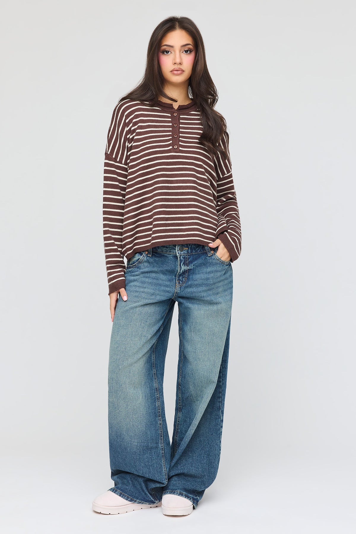 Alt View 3. Striped Henley Sweater - Brown