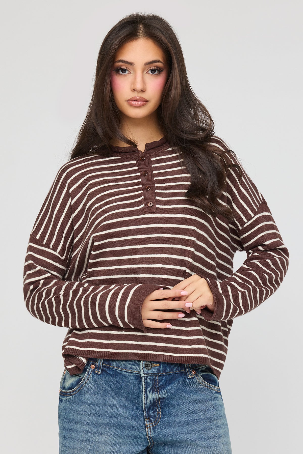 Striped Henley Sweater - Brown