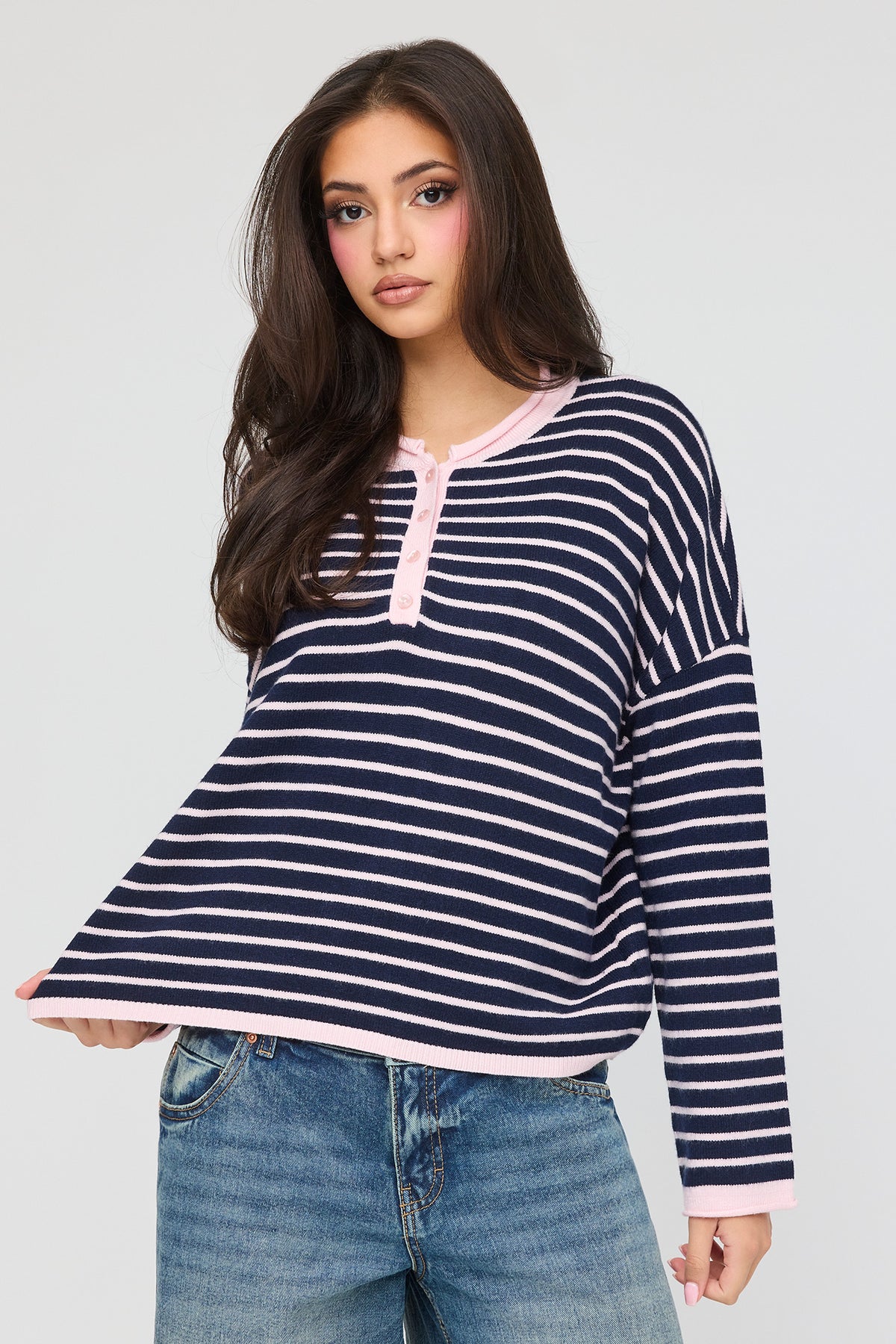 Striped Henley Sweater - Navy