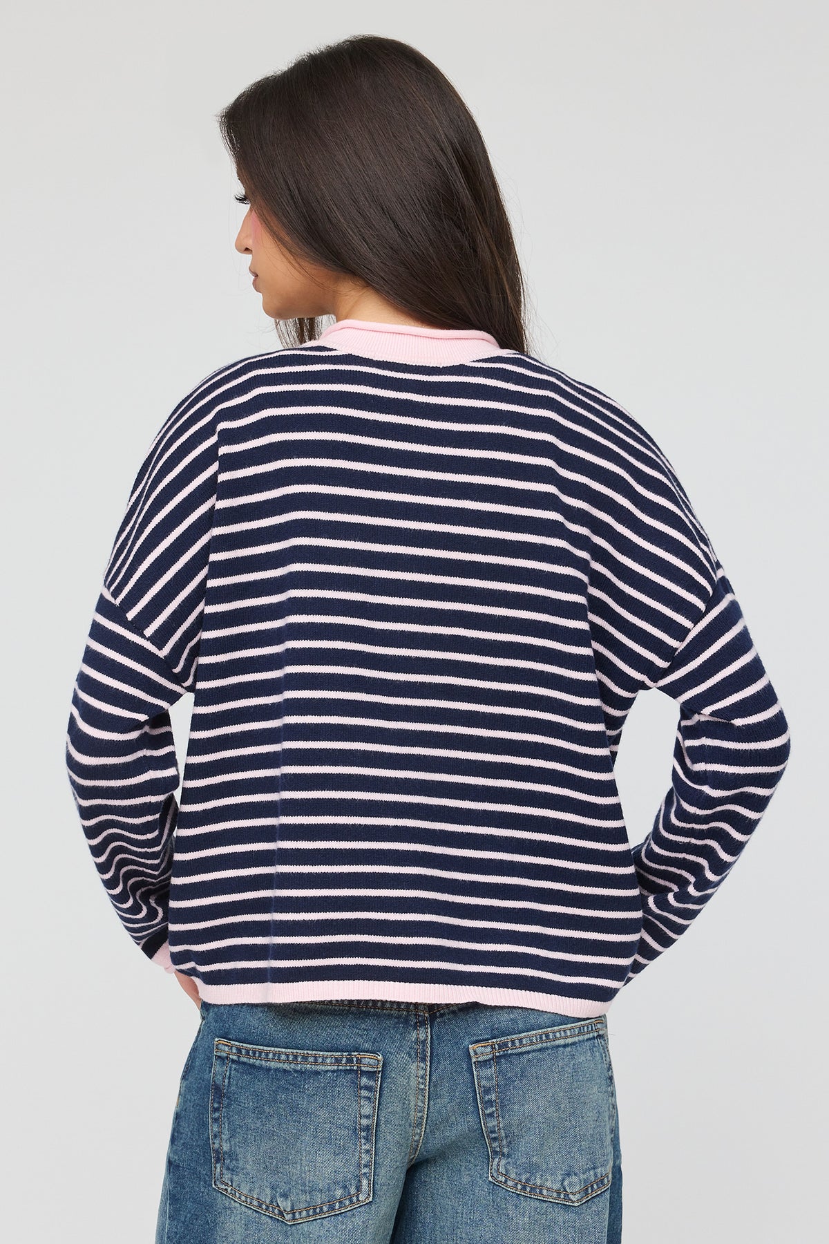 Alt View 2. Striped Henley Sweater - Navy