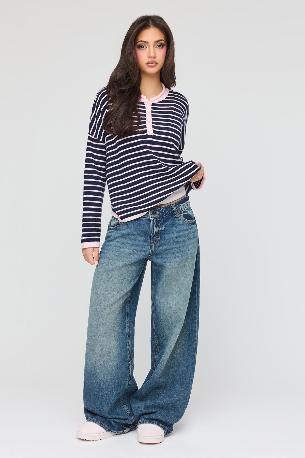 Alt View 3. Striped Henley Sweater - Navy