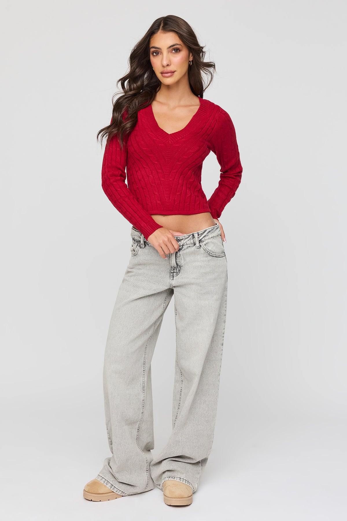 Alt View 3. Cable Knit V-Neck Sweater - Red