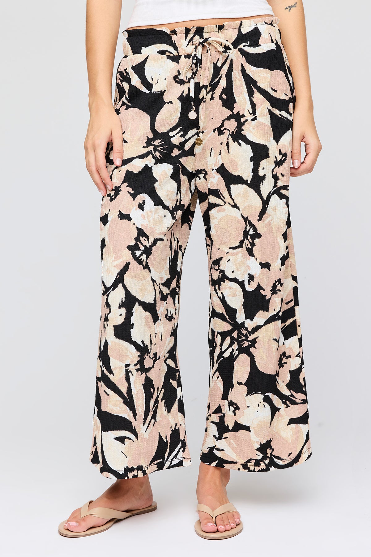 Alt View 2. Patterned Cropped Wide Leg Pant - Tan