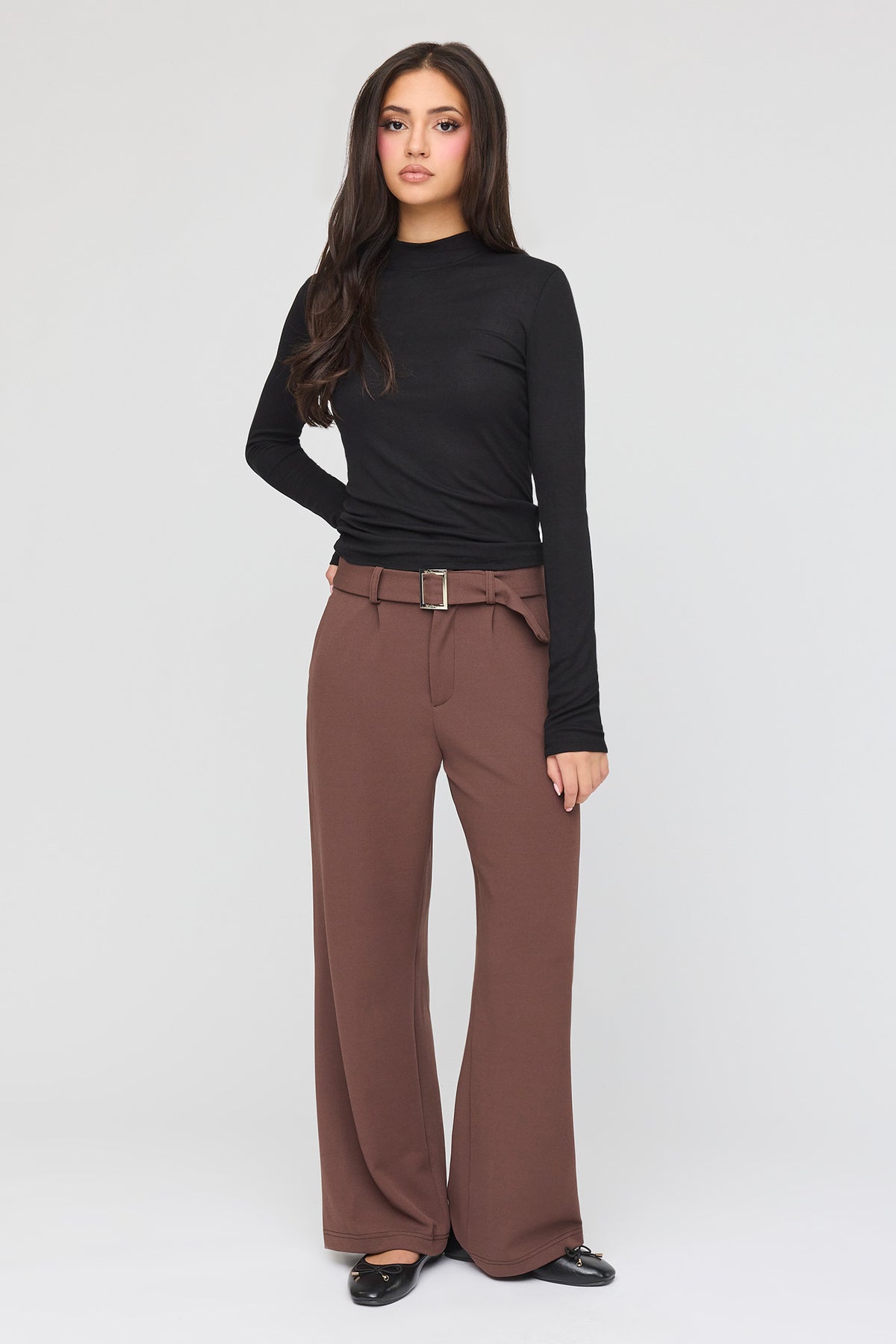 Mid Rise Belted Trouser - Brown