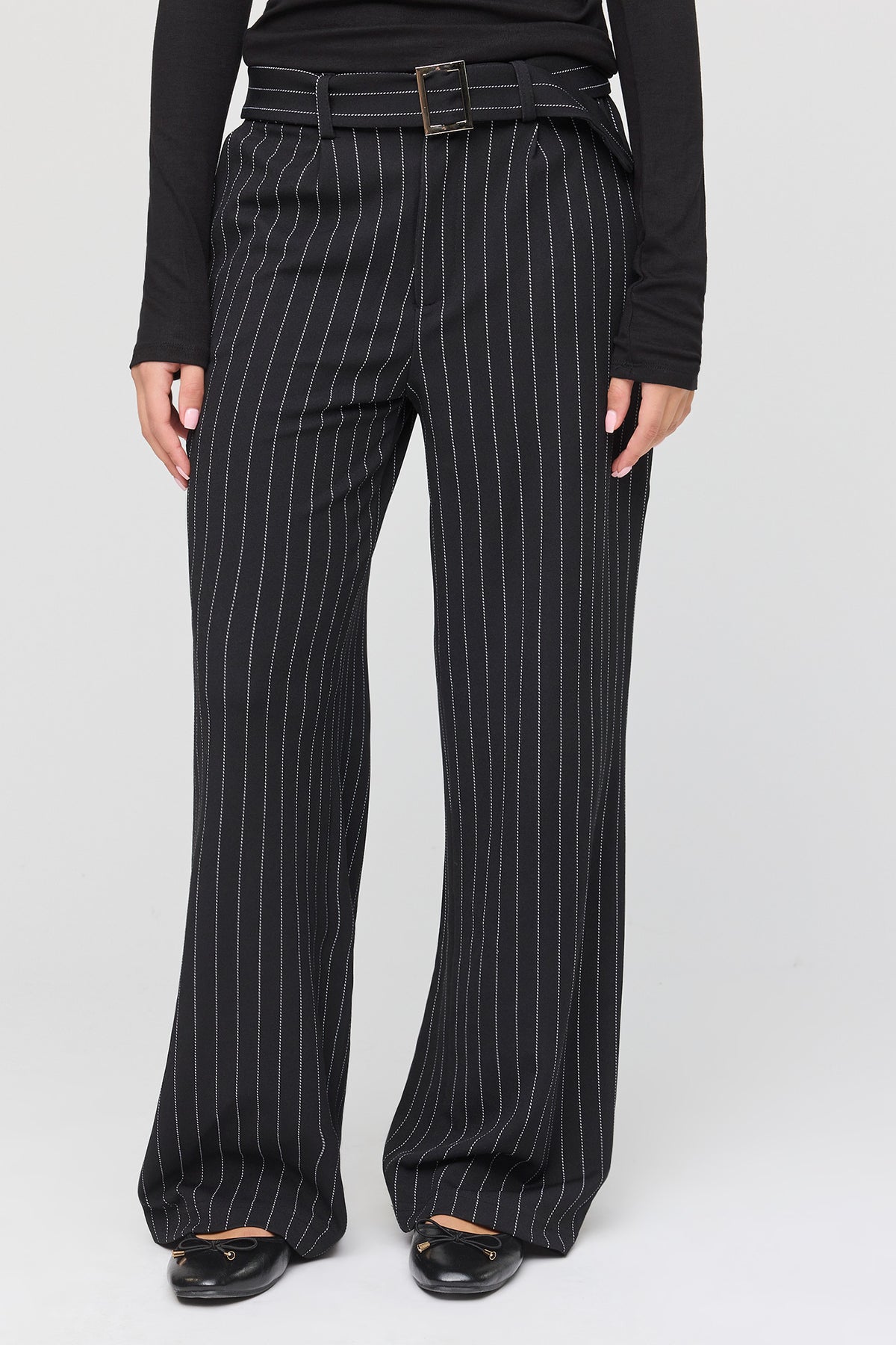 Alt View 2. Mid Rise Belted Trouser - Black with White