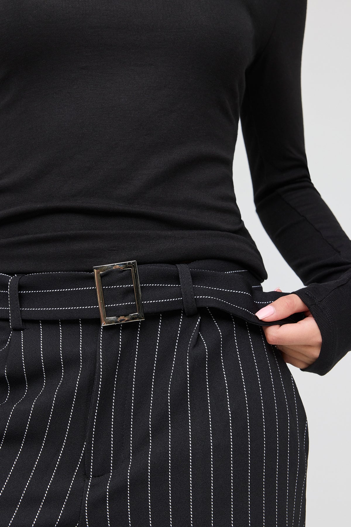 Alt View 4. Mid Rise Belted Trouser - Black with White