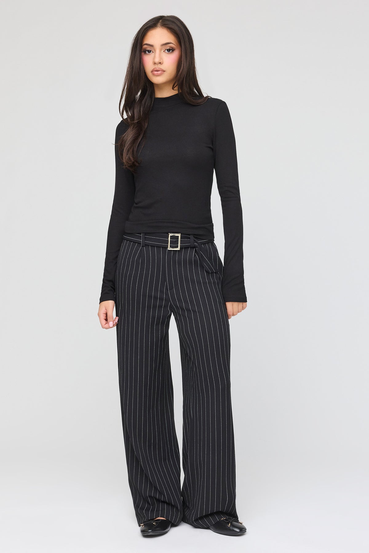 Mid Rise Belted Trouser - Black with White