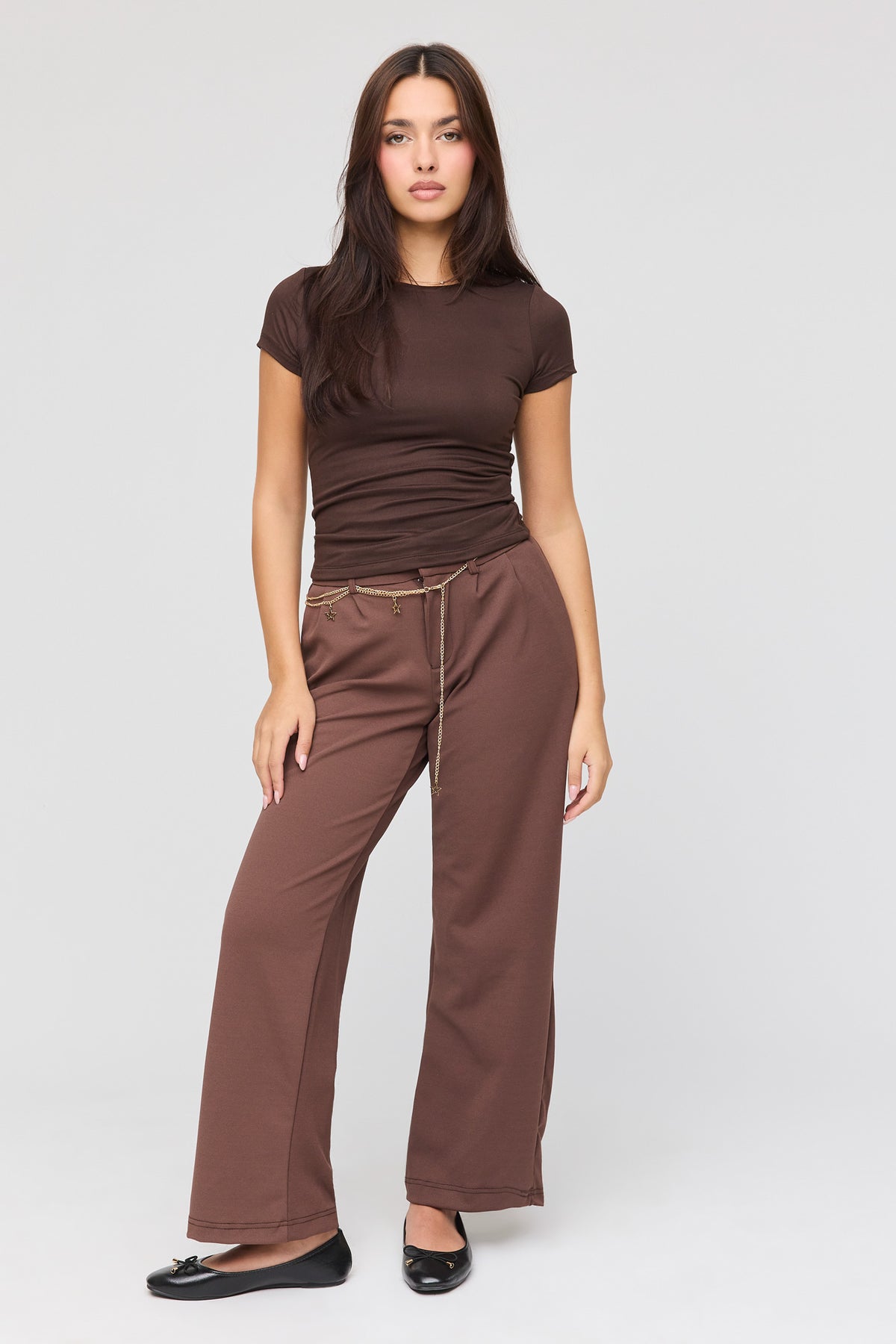 Belted Wide Leg Dress Pant - Brown