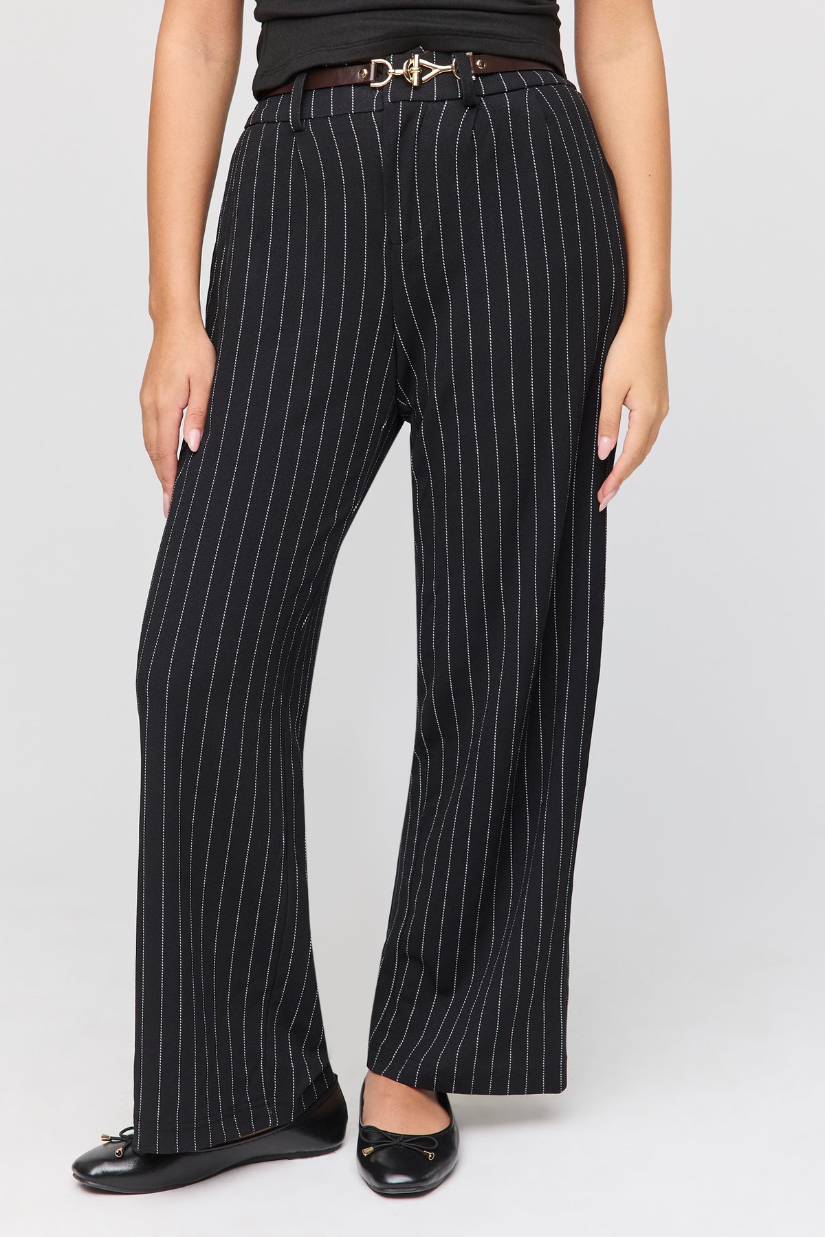 Alt View 2. Belted Wide Leg Dress Pant - Black with White