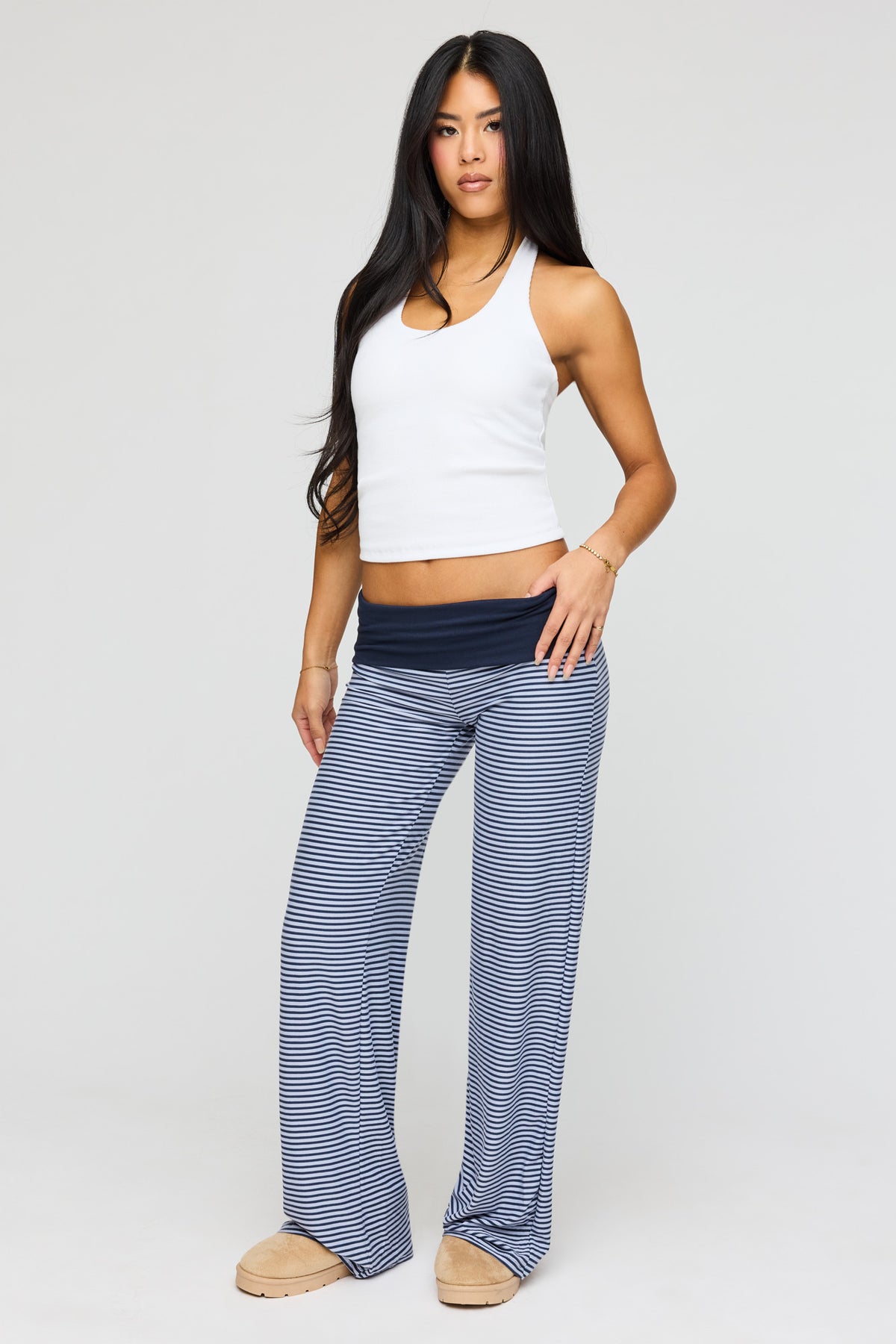 Striped Foldover Waist Wide Leg Pant - Navy