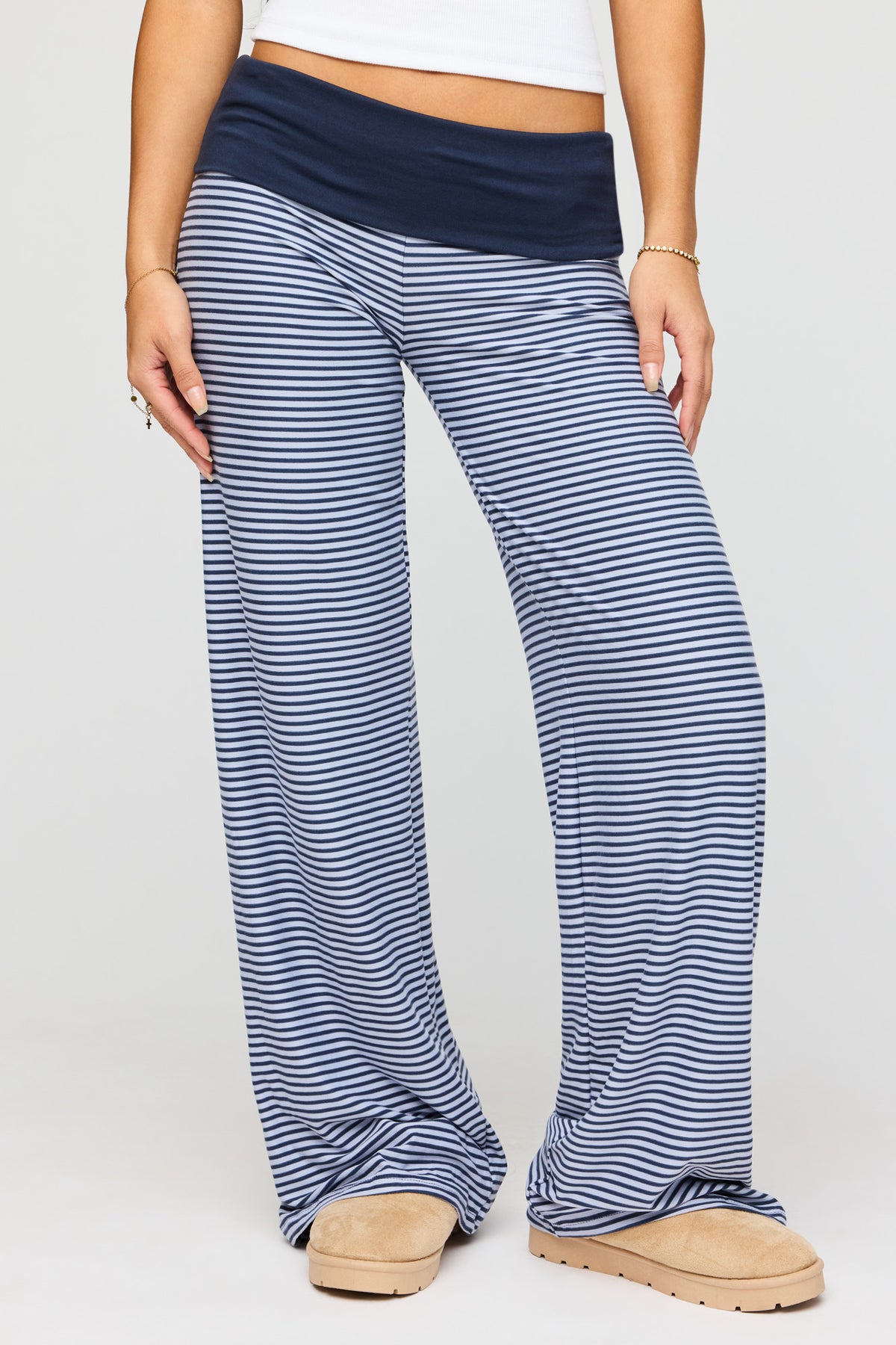 Alt View 2. Striped Foldover Waist Wide Leg Pant - Navy