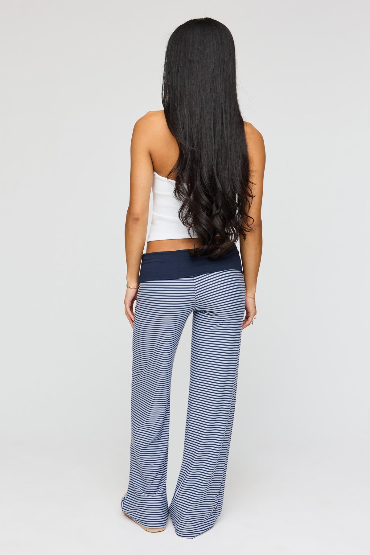 Alt View 3. Striped Foldover Waist Wide Leg Pant - Navy