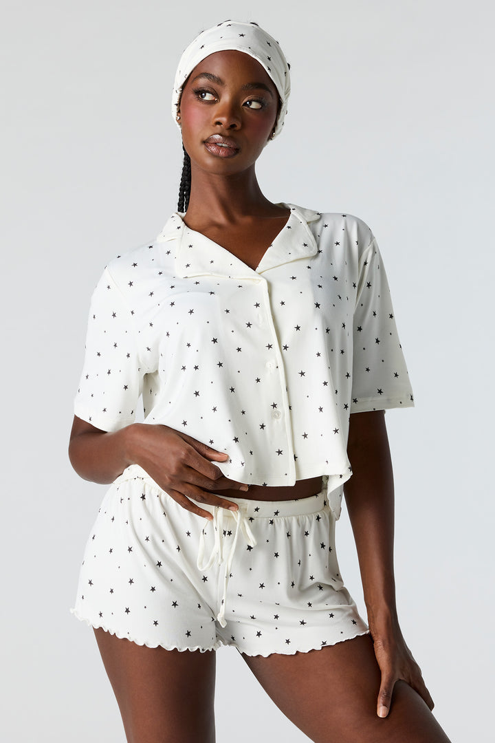 Button-Up Top & Short & Eye Mask Pajama Set