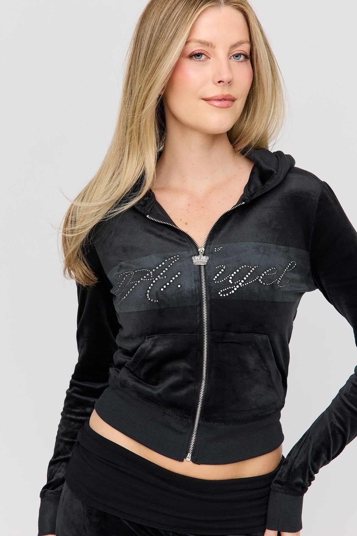 Alt View 2. Rhinestone Velour Zip Hoodie & Foldover Waist Flare Pant Set - Black