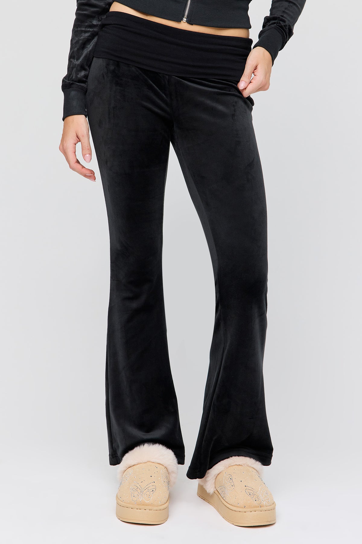 Alt View 3. Rhinestone Velour Zip Hoodie & Foldover Waist Flare Pant Set - Black