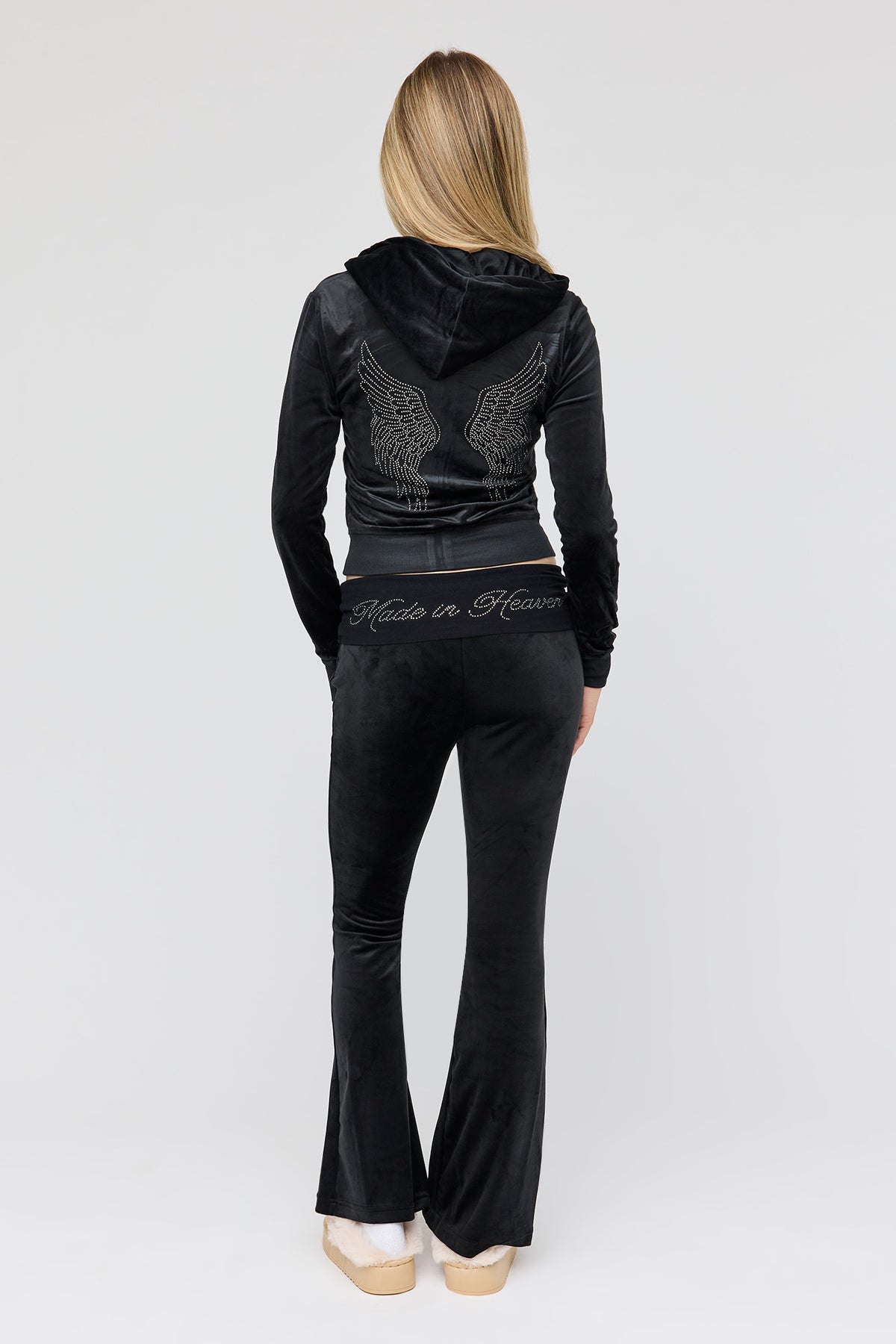 Alt View 4. Rhinestone Velour Zip Hoodie & Foldover Waist Flare Pant Set - Black