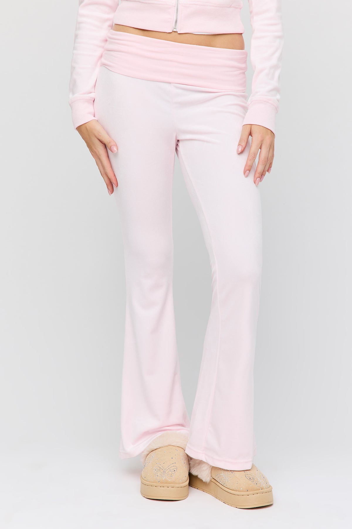 Alt View 3. Rhinestone Velour Zip Hoodie & Foldover Waist Flare Pant Set - Pink