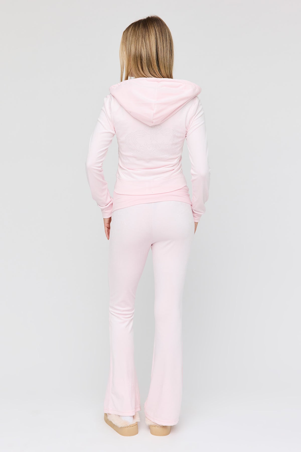 Alt View 4. Rhinestone Velour Zip Hoodie & Foldover Waist Flare Pant Set - Pink