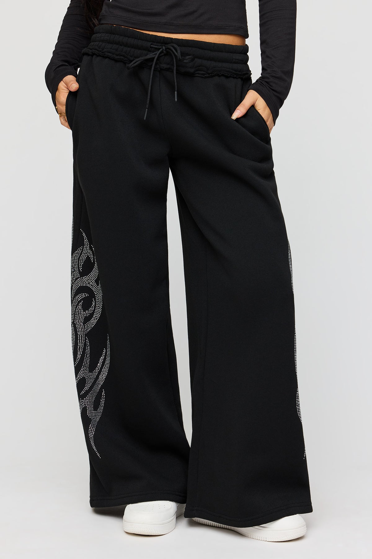 Alt View 3. Rhinestone Long Sleeve Top & Wide Leg Pant Set - Black