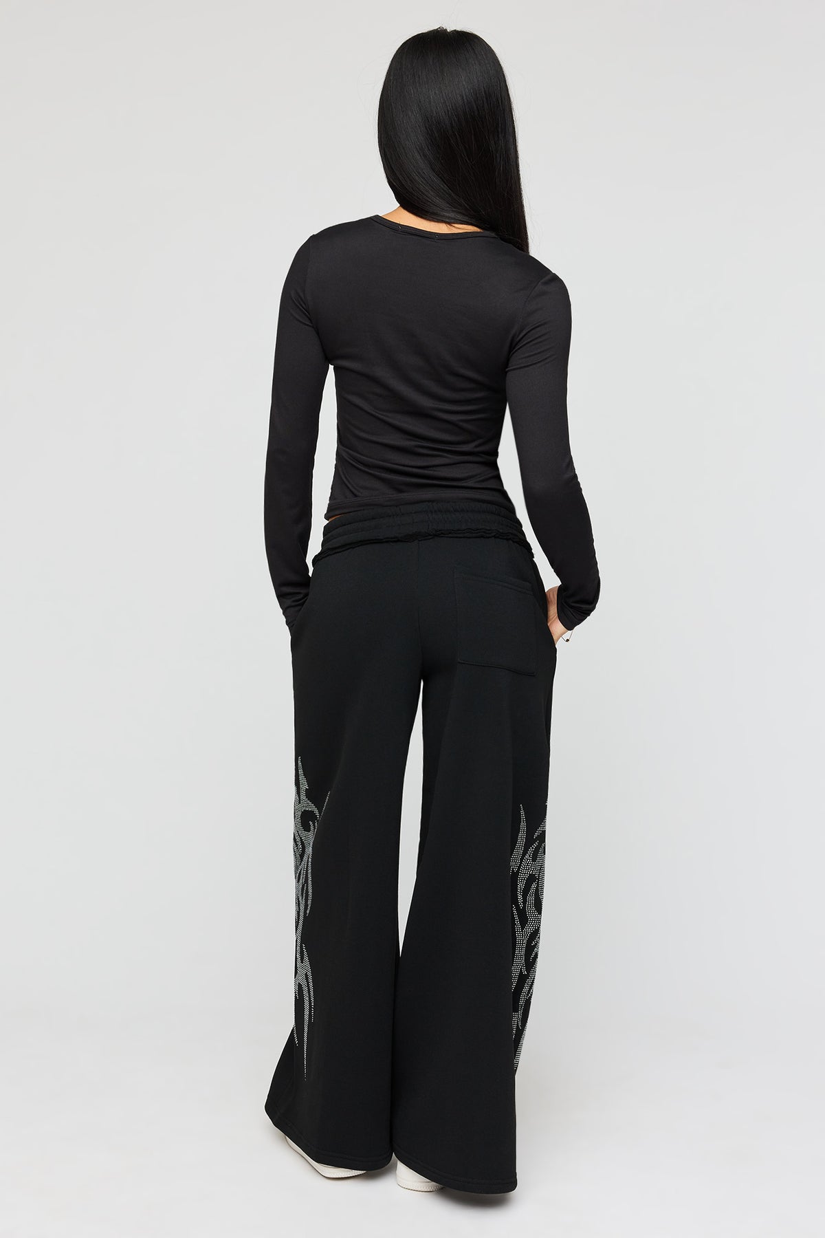 Alt View 4. Rhinestone Long Sleeve Top & Wide Leg Pant Set - Black